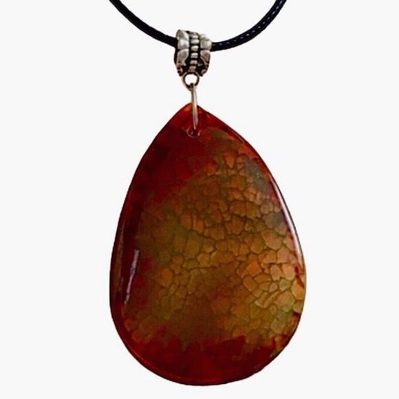 Fire Dragon Agate Teardrop Pendant on Waxed Necklace w/ Lobster Claw Clasp - Picture 7 of 11